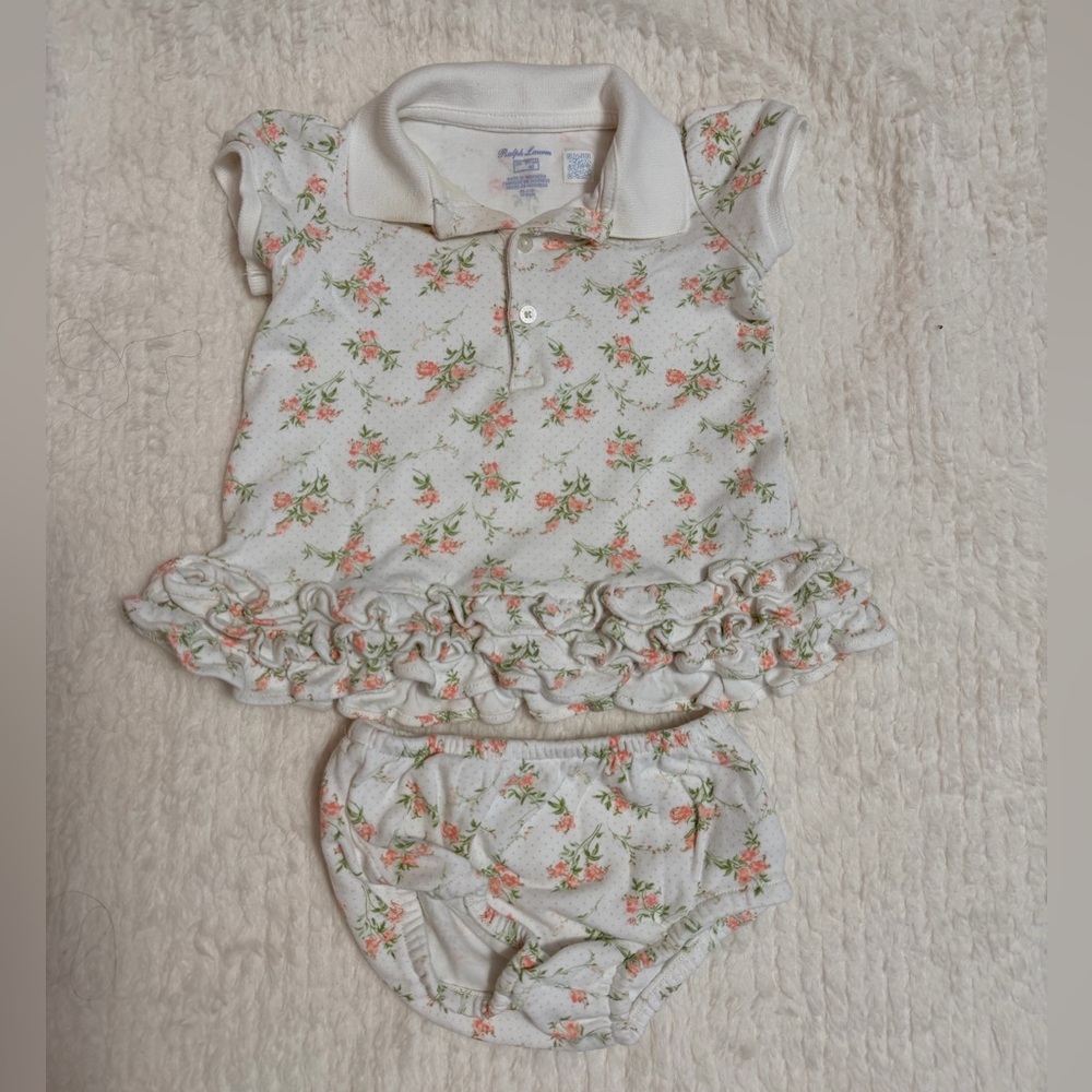 Ralph Lauren Floral Dress and a Diaper Cover Set - Cream and Pink
